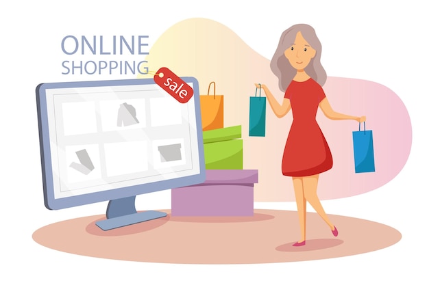 Concetto di shopping online sito web sul monitor ragazza felice dello shopping marketing e marketing digitale