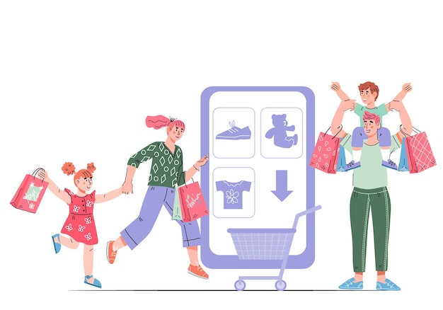スマートフォンの漫画のベクトル図の横にある家族とのオンラインショッピングの概念