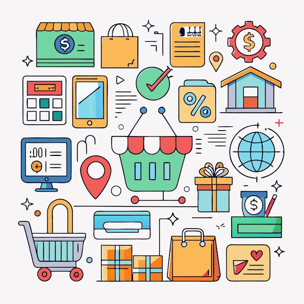 Online shopping concept with icons of a shopping cart store packages payments and more