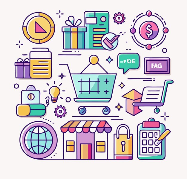 Online shopping concept with icons store delivery cart gift payment support global security checklist faq and idea