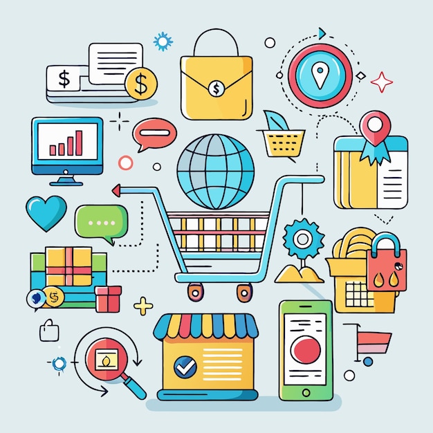 Online shopping concept with icons and symbols