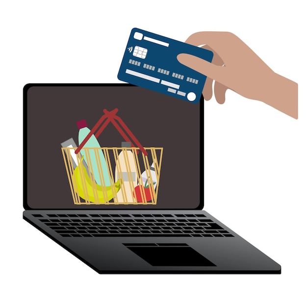 Vector online shopping concept with open laptop and hand with bank card shopping cart payment by card