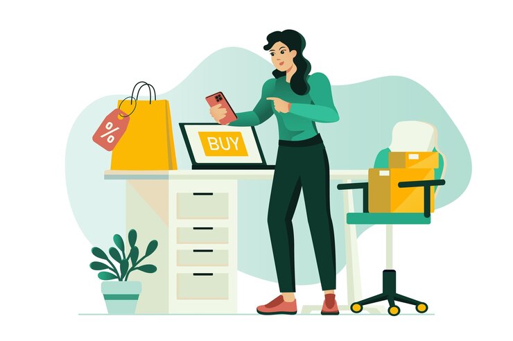 Vector online shopping concept with people scene in the flat cartoon design a girl orders clothes