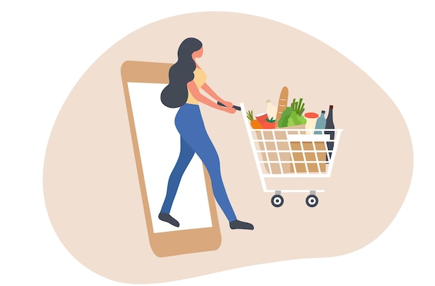 Vector online shopping concept woman holding grocery shopping cart from smartphone vector illustration