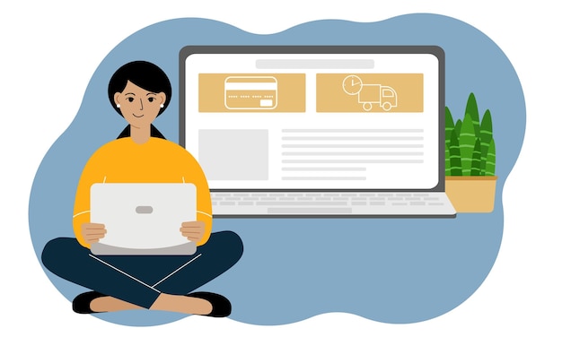 Online shopping concept. A woman is sitting cross-legged with a laptop. Close-up of a laptop with an open website page. Vector flat illustration