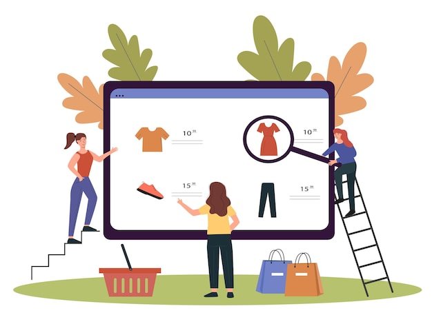 Online shopping concept. Women shopping clothes online. Vector illustration