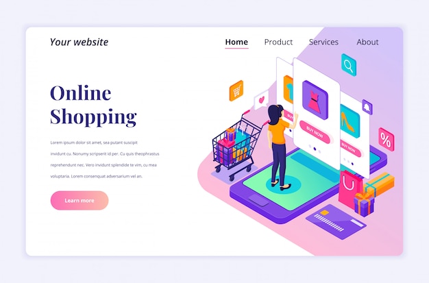 Online Shopping concept. A young woman buying products in the mobile application store. modern flat isometric for landing page template