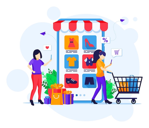 Online shopping concept, young women with shopping cart buying products in the mobile application store flat vector illustration