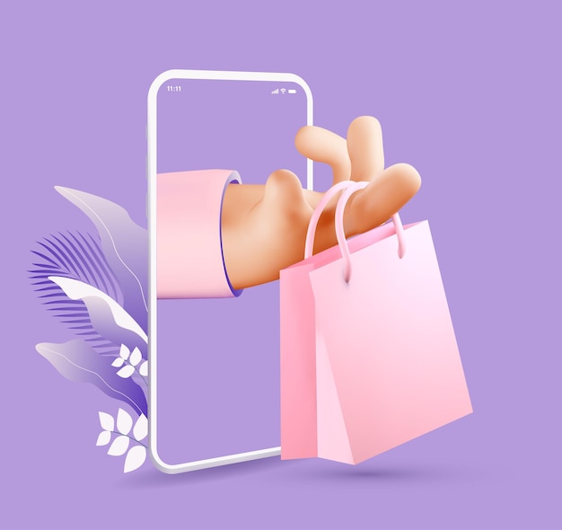 Online shopping or delivery concept illustration with 3d rendered cartoon hand holding shopping bag