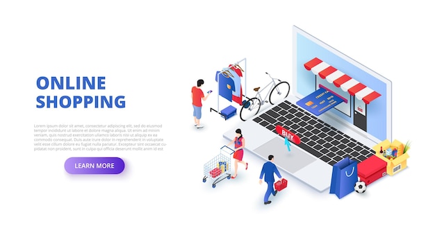 Online shopping design concept with people and laptop Isometric vector illustration