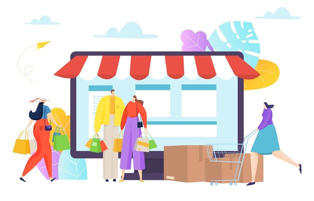 Online shopping desktop application tiny character together purchase stuff web store flat vector