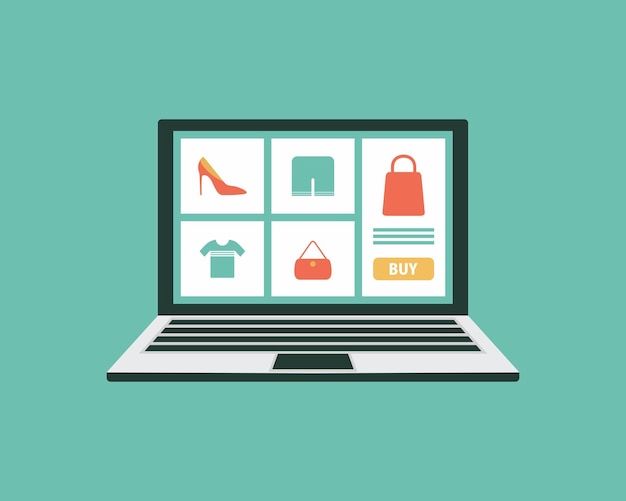 Online shopping or digital store on laptop computer concept fashion products from eshop with icons and goods vector graphic flat design illustration