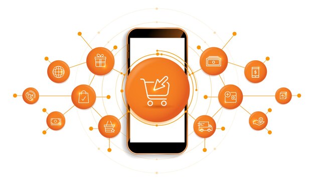 Вектор Онлайн-покупки цифровые технологии в смартфонах с значком на белом фоне цифровой фантастической электронной коммерции онлайн-магазин маркетинг для рекламы дизайн интернет-супермаркет соедините вектор