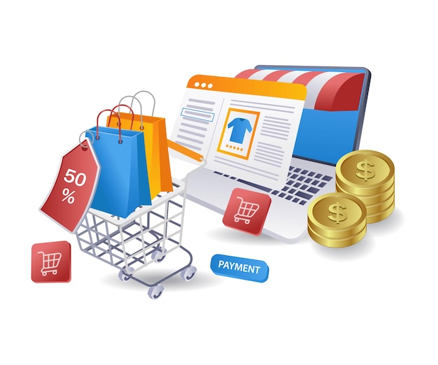 online shopping e commerce market infographic flat isometric 3d illustration