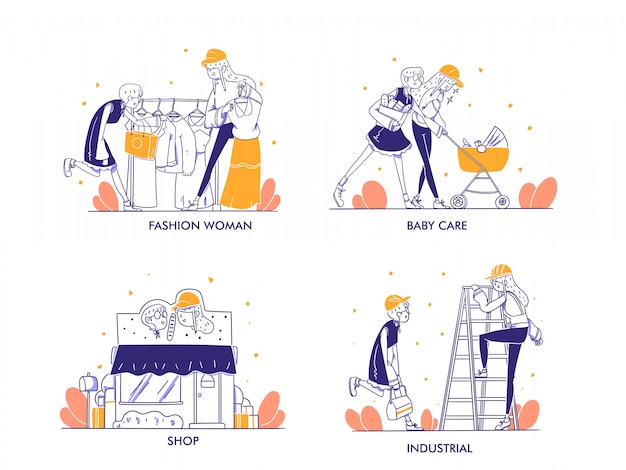 Shopping online o concetto di e-commerce in moderno stile di design disegnato a mano. moda donna, prodotto per la cura del bambino, falegname, stile di vita nella lavorazione del legno, negozio, negozio, illustrazione di categoria