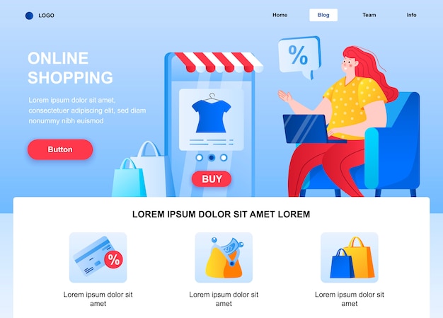 Online shopping flat landing page. Woman shopping by laptop web page.