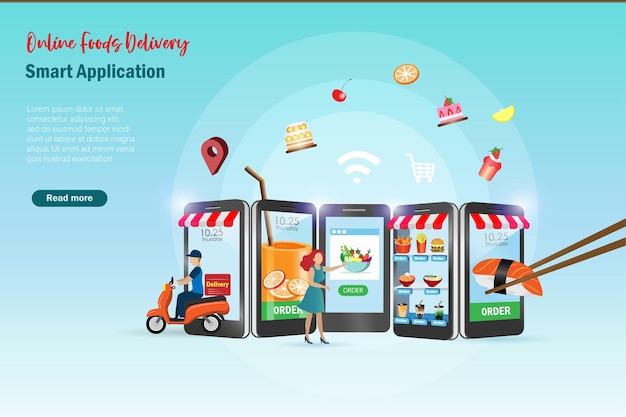 Online shopping food delivery application service on smart phone e commerce and customer ordering