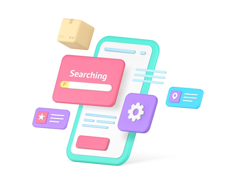 Vector online shopping goods delivery searching smartphone application 3d icon realistic vector