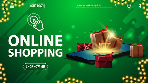 Online shopping, green banner with large white title, button, presents boxes lying on the smartphone screen and presents boxes around