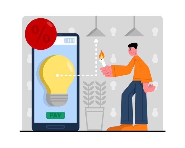 Vector online shopping for household items search for items for home through internet male character buys light bulbs through app on his phone purchase of consumables at discount