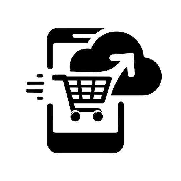 Iconica dello shopping online semplice telefono cellulare nero con un'icona del carrello della spesa sullo schermo concetto di commercio mobile e applicazioni di shopping online