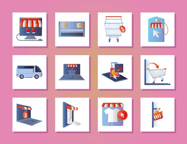 Online shopping icons set laptop computer money digital illustration