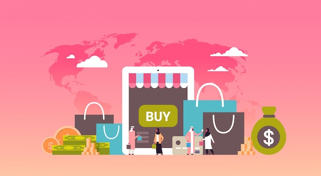 Illustrazione di shopping online con persone arabe