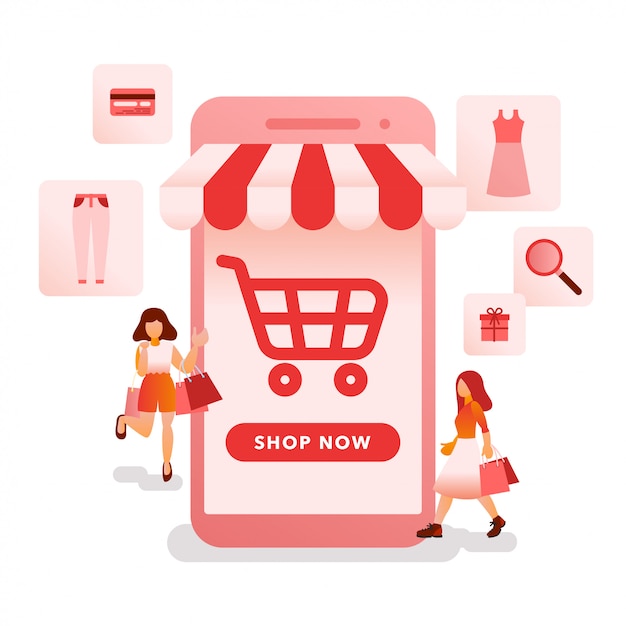 Online shopping illustration with mobile phone