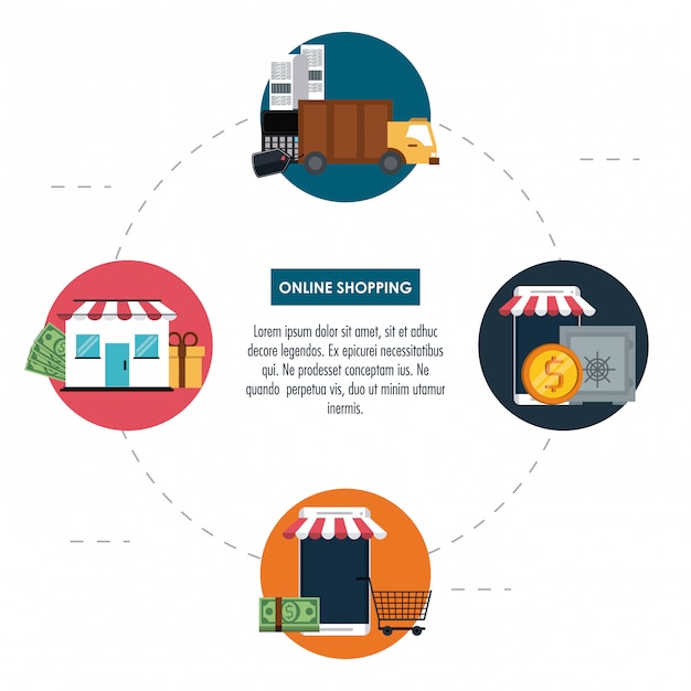 Online shopping infographic with cartoon elements