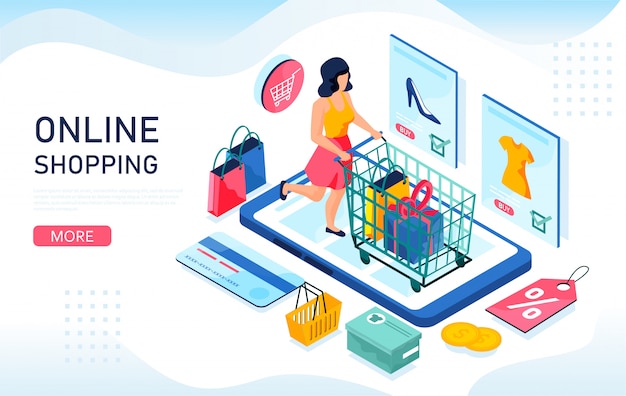 Online shopping isometric concept.