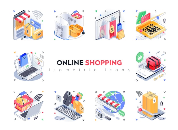 온라인 쇼핑 아이소메트릭 아이콘 세트 웹사이트 상점에서 상품 선택 및 지불