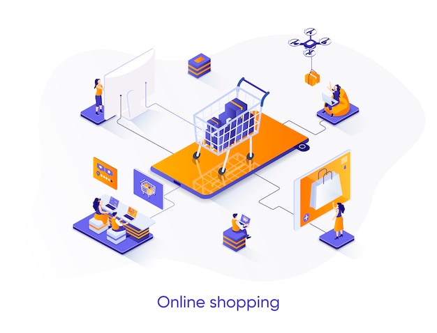 Illustrazione isometrica dello shopping online con personaggi di persone