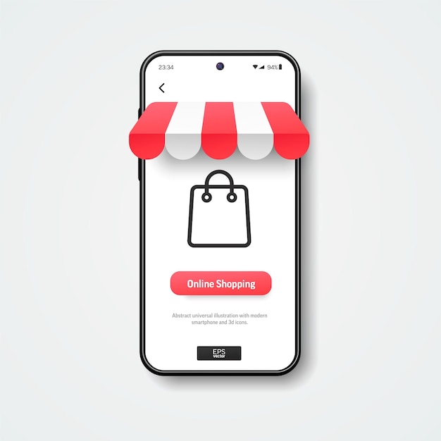 Vettore shopping online concetto di marketing e commercio mockup di smartphone realistico 3d con l'icona della borsa marquise e il pulsante rosso sullo schermo