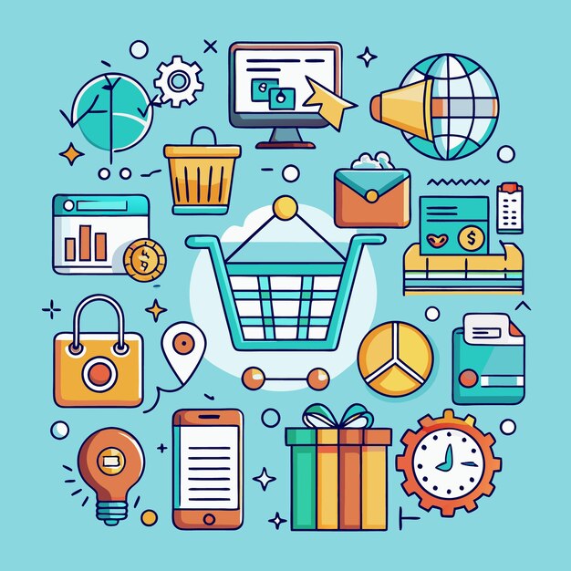 Online shopping and marketing illustration with icons