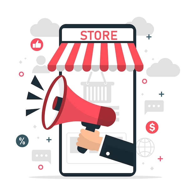 Online shopping marketing on smartphone business man is holding a megaphone on mobile phone