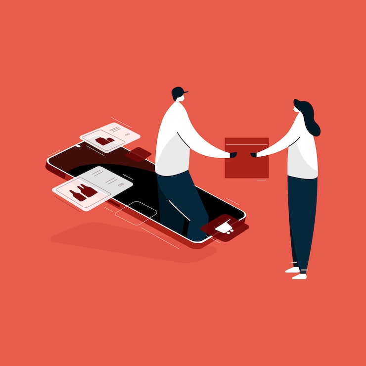 Vector online shopping mobile application , isometric express home delivery service illustration, shopping from home