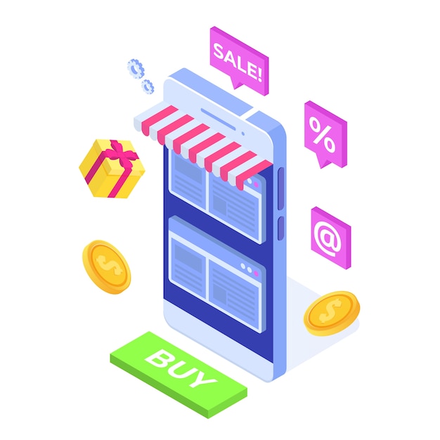 Vector online shopping on mobile phone isometric concept