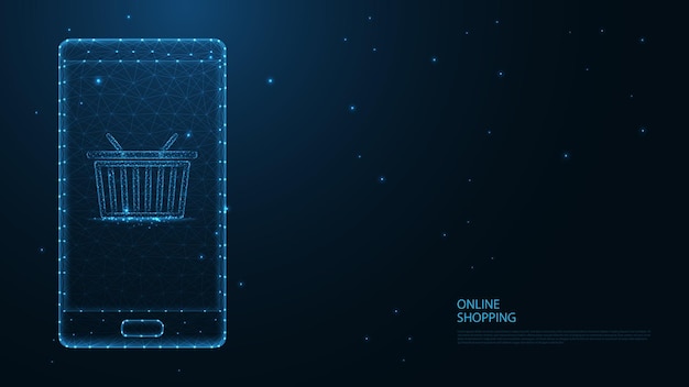 Online shopping. mobile phone, shopping cart line connection. low poly wireframe design. abstract geometric background. vector illustration.