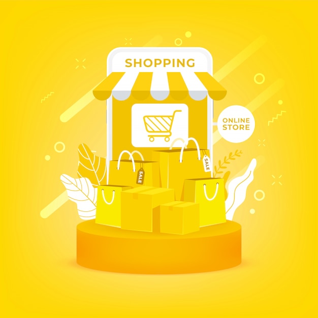 Online shopping on mobile. Shopping bag and boxes on yellow background.