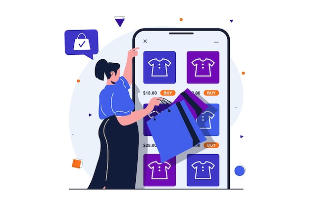 Online shopping modern flat concept for web banner design Woman buyer looking assortment