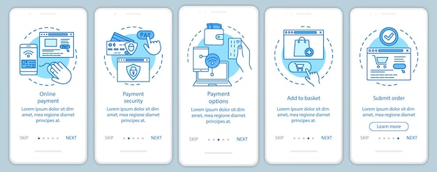 Online shopping onboarding mobile app page screen with linear concepts. Digital purchase. Internet marketing. E-commerce. Steps graphic instructions. UX, UI, GUI vector template with illustrations