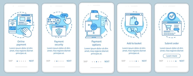 선형 개념이 있는 온라인 쇼핑 온보딩 모바일 앱 페이지 화면. 디지털 구매. 인터넷 마케팅. 전자상거래. 단계 그래픽 지침. 삽화가 있는 Ux, Ui, Gui 벡터 템플릿