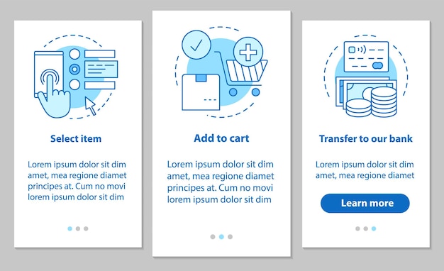 Schermata della pagina dell'app mobile per l'onboarding dello shopping online con concetti lineari. istruzioni per la procedura di acquisto digitale. seleziona gli articoli, aggiungi al carrello, effettua il pagamento. modello vettoriale ux, ui, gui con illustrazioni