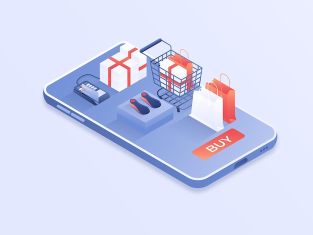 online shopping order via smartphone and card 3d isometric vector illustration