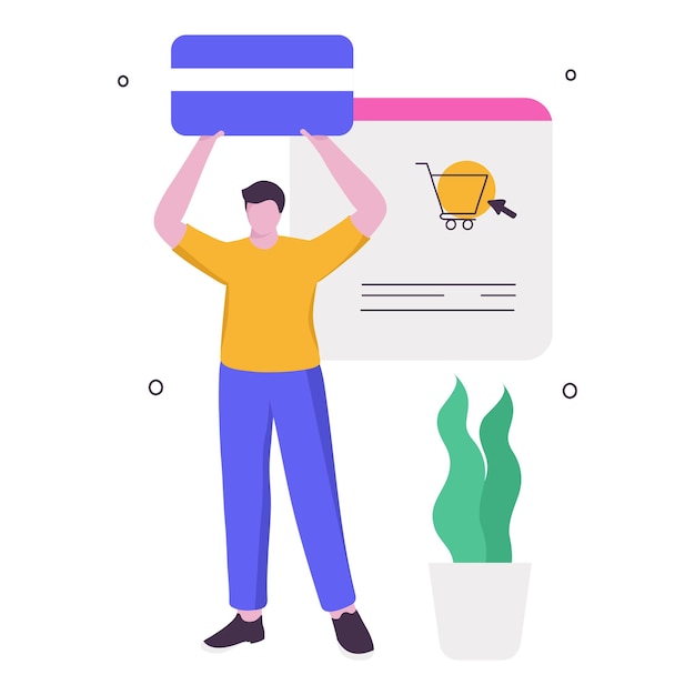 Vector online shopping and payment concept with faceless man standing and plant pot on white background