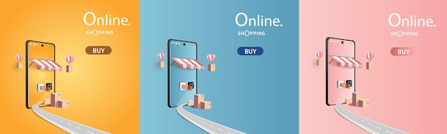 Online shopping on phone buy sell business digital  web banner application money advertising payment