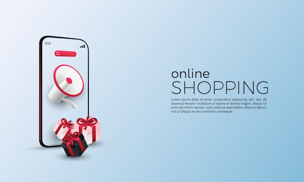 Promozione dello shopping online con megafono sul concetto di cellulare