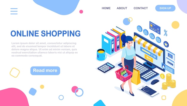Online shopping , sale. Buy in retail shop by internet. Isometric woman with basket, computer, money