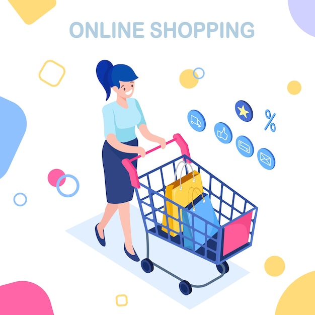 Shopping online, vendita. acquista in un negozio al dettaglio tramite internet. donna isometrica con carrello, trolley, borsa