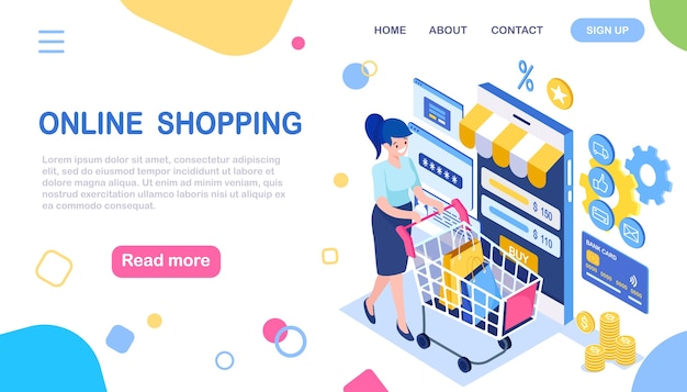 Online shopping , sale. buy in retail shop by internet. isometric woman with shopping cart, trolley